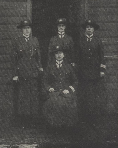 The first four N.E.R. police women sworn in before magistrates in 1917. (left to right; PC A.M.Duffitt, PC M.M.Dickinson, PC K.F.Morgan. Seated; M.Roberts (later became Sergeant)